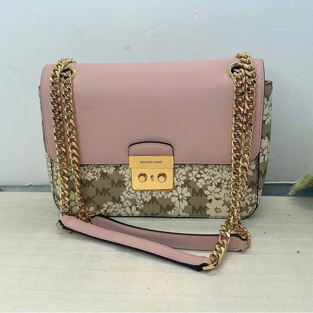MICHAEL KORS Brandi MK Monogram Floral Flap Bag Pink Saffiano Leather Gold Chain